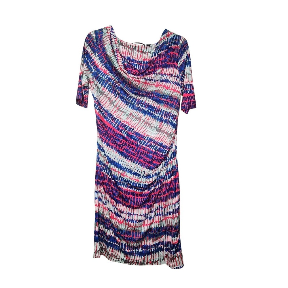 Hugo Boss‎ Blue Pink Abstract Print Cowl Neck Ruched Sheath Dress Womens L